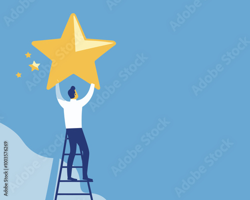Businessman Climbing Ladder to Place 5th Star for High Rating, Customer Feedback, Quality Reputation, Flat Minimalist SVG Vector Illustration