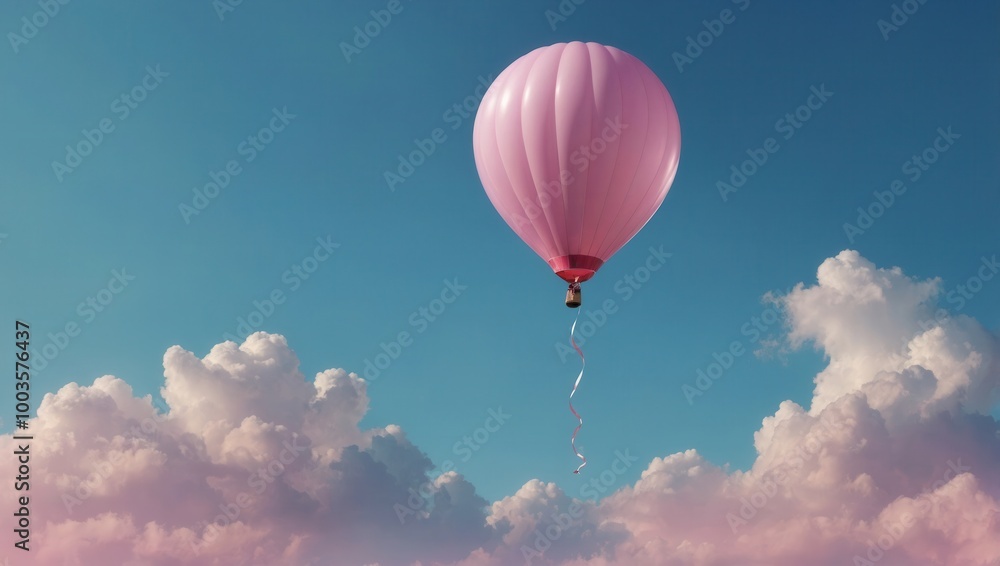 Fototapeta premium Colorful illustration of large pink hot air balloon floating in the sky, no people visible