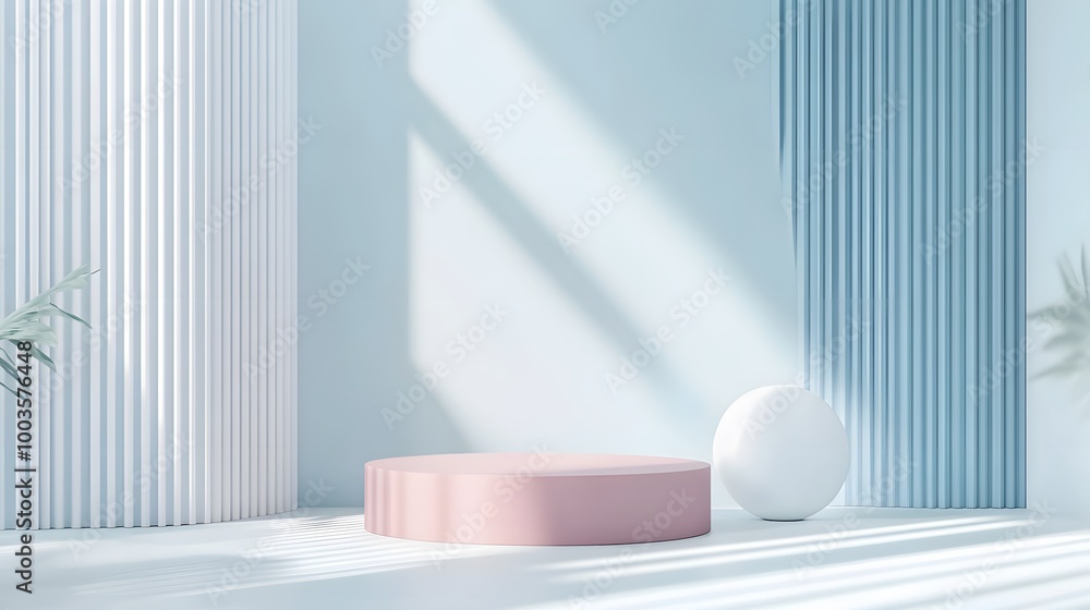Minimal scene with podium and abstract background. Pastel blue and white colors scene. Trendy 3d render for social media banners, promotion, cosmetic product show. Geometric shapes interior. Minimal scene with podium and abstract background. Pastel blue and white colors scene. Trendy 3d render for social media banners, promotion, cosmetic product show. Geometric shapes interior.