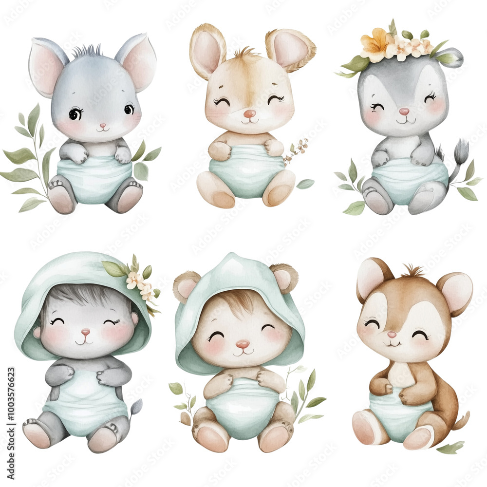 A cute and fun cartoon set of baby animals featuring a cat, dog, bear, pig, cow, rabbit, lion, panda, and bird in a colorful vector illustration style A cute and fun cartoon set of baby animals featuring a cat, dog, bear, pig, cow, rabbit, lion, panda, and bird in a colorful vector illustration style