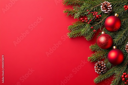 A flat lay of pine branches with red and golden Christmas balls isolated on a red background