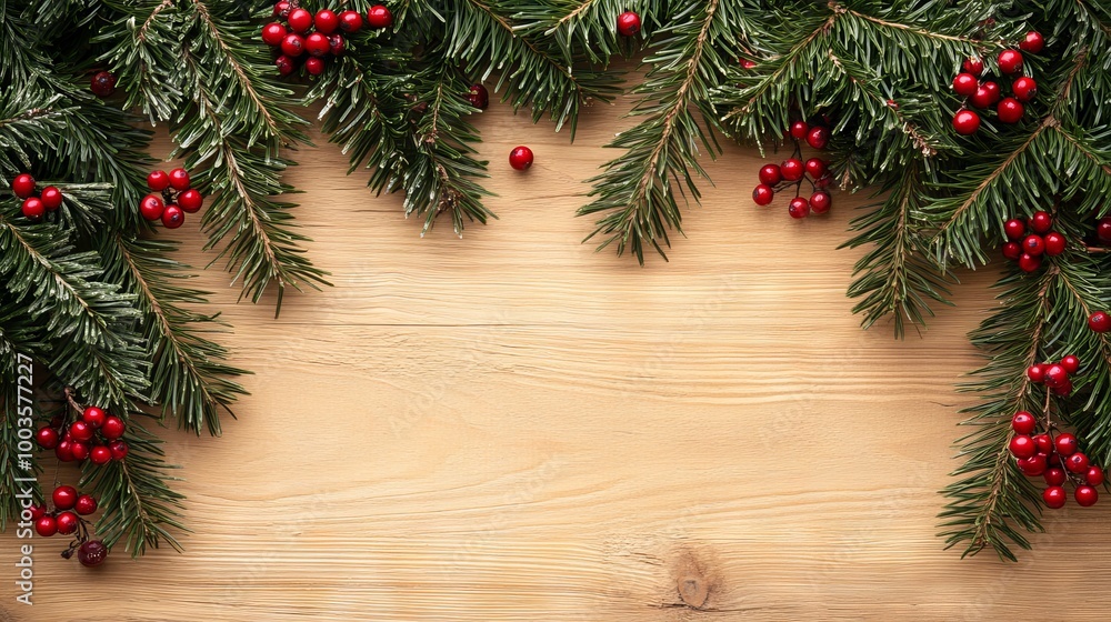 Festive christmas holiday scene with evergreen pine branches and red berries on rustic wooden background, ample copy space for seasonal greetings Festive christmas holiday scene with evergreen pine branches and red berries on rustic wooden background, ample copy space for seasonal greetings