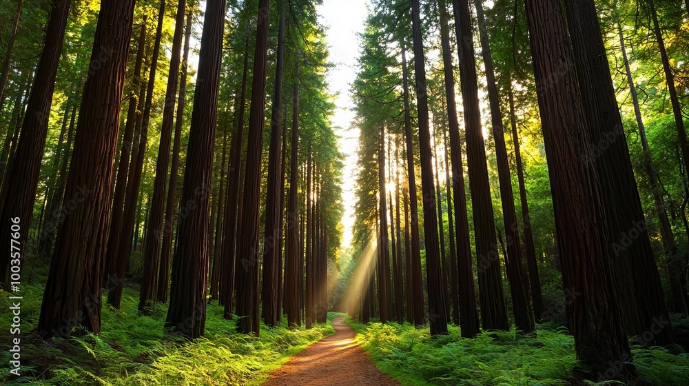 Sunlight streaming through tall trees onto a winding forest trail surrounded by vibrant Sunlight streaming through tall trees onto a winding forest trail surrounded by vibrant