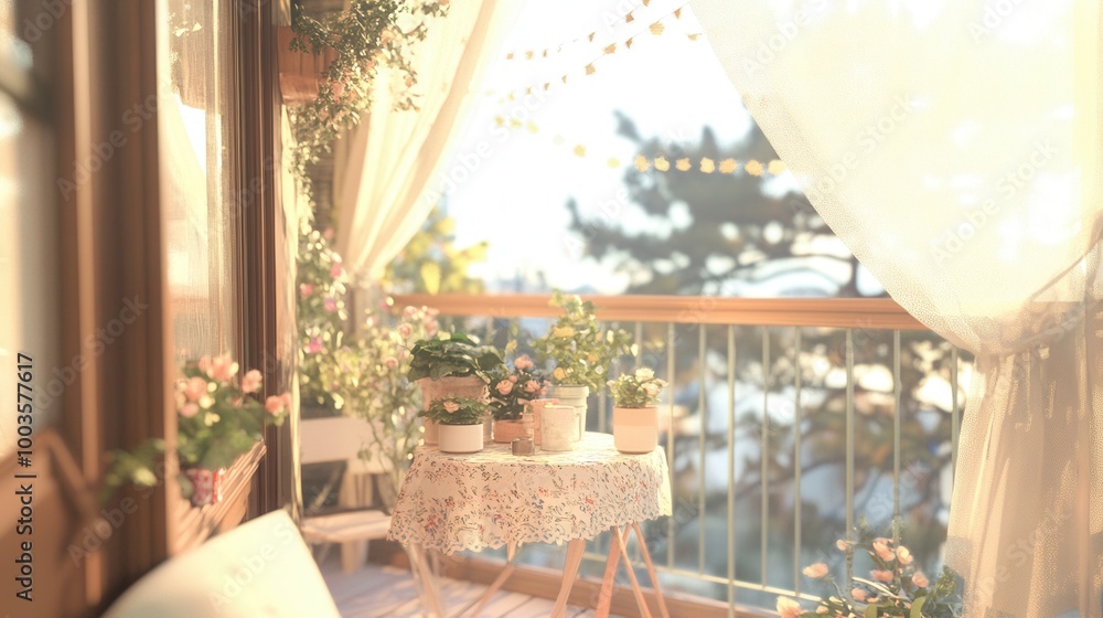 Fototapeta premium A balcony with a table with potted plants on it
