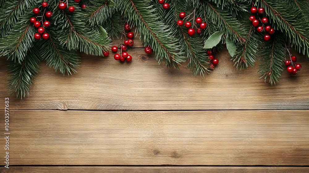 Festive christmas holiday scene with evergreen pine branches and red berries on rustic wooden background, ample copy space for seasonal greetings Festive christmas holiday scene with evergreen pine branches and red berries on rustic wooden background, ample copy space for seasonal greetings