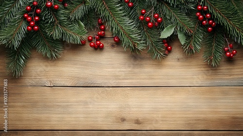 Festive christmas holiday scene with evergreen pine branches and red berries on rustic wooden background, ample copy space for seasonal greetings