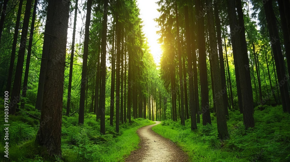 Obraz premium Sunlight streaming through tall trees onto a winding forest trail surrounded by vibrant