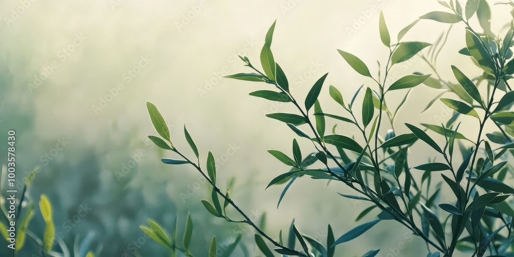 Serene Tea Scene with Green Leaves and Soft Light Serene Tea Scene with Green Leaves and Soft Light