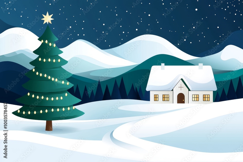 Fototapeta premium A winter festive landscape featuring a village and Christmas trees. Raster illustration.