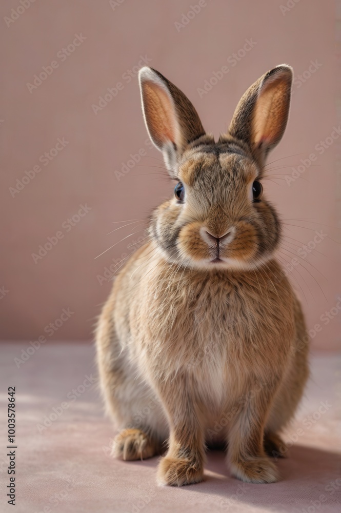 Fototapeta premium Adorable bunny rabbit with light brown fur sitting calmly, ears upright, expressive eyes