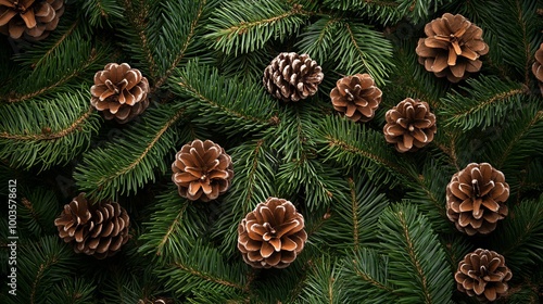 Festive christmas fir tree branches with pine cones creating a natural holiday background photo