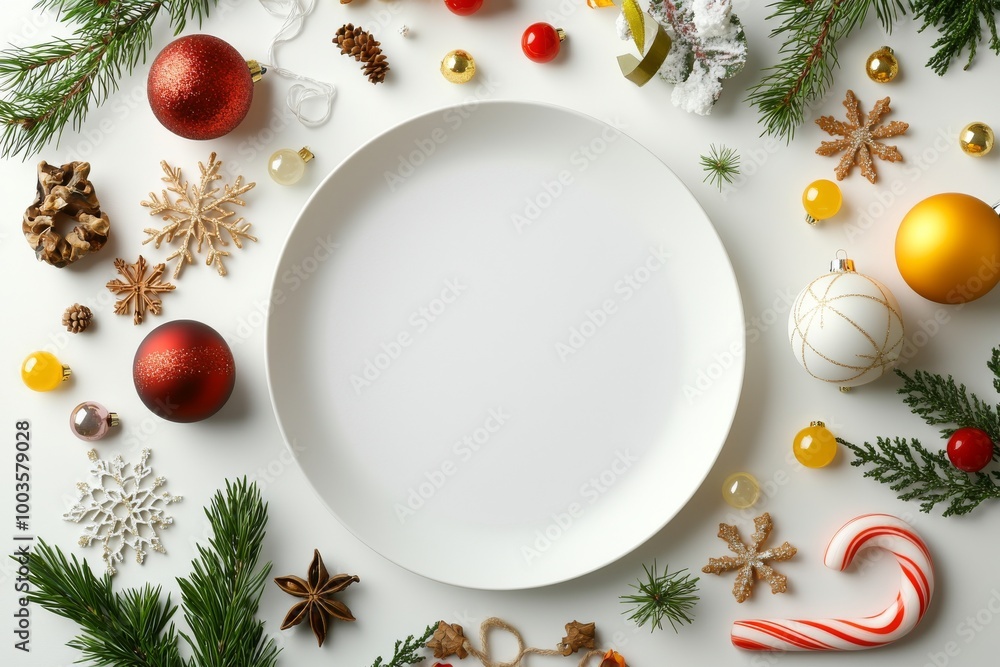 Composition of Christmas decor and blank card on white background. Composition of Christmas decor and blank card on white background.