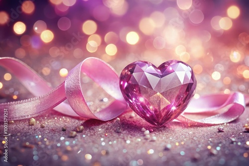 Pink sparkling crystal heart with silk ribbon on a blurred background for romantic occasions and charity
