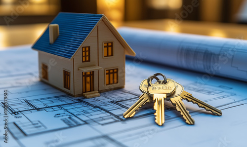 A model house sits on an architectural blueprint alongside a set of keys, symbolizing real estate and property ownership concepts