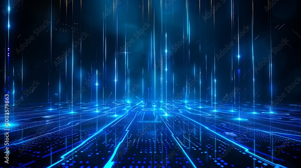 Futuristic blue digital landscape with illuminated grid and vertical light streaks creating a tech-inspired atmosphere. Futuristic blue digital landscape with illuminated grid and vertical light streaks creating a tech-inspired atmosphere.