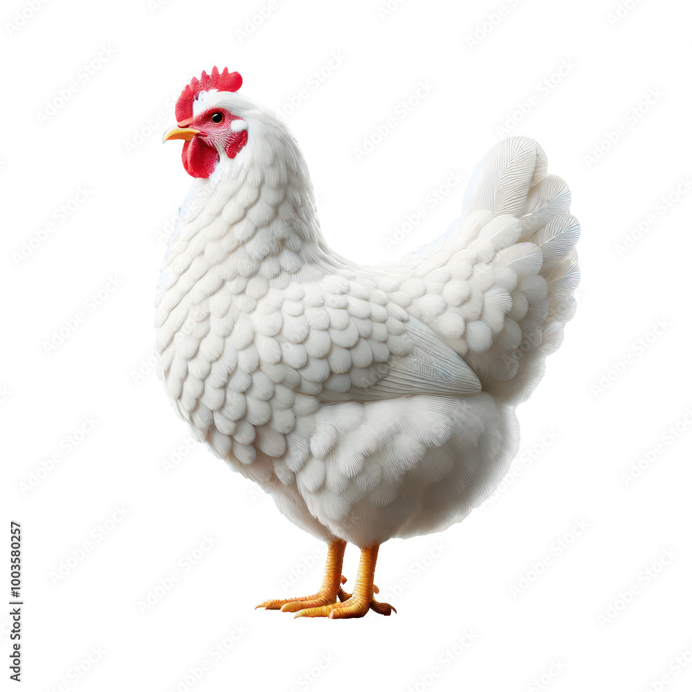 Fototapeta premium Imagine a picture of a chicken standing on a white background, featuring a mix of farm-related tags like chicken, bird, hen, rooster, and domestic fowl The chicken appears isolated and lively in a stu