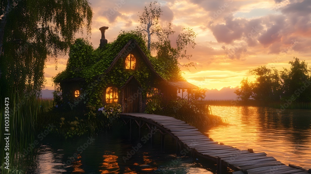 Fototapeta premium small fantasy house with ivy on the roof, a wooden dock and bridge leading to it by a lake