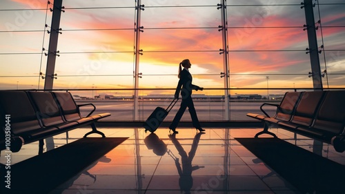 Silhouette of a business woman with carry-on luggage walking through an empty airport terminal overlooking an empty tarmac at sunset