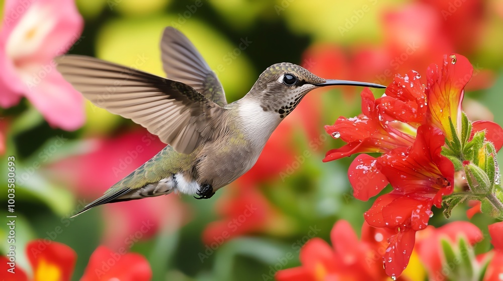 Naklejka premium Hummingbird feeding on red flowers