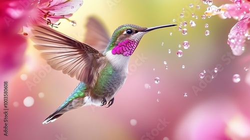 Intimate moment of a hummingbird mid-flight, vivid colors of petals surrounding, droplets of nectar glistening like jewels, showcasing natures elegance