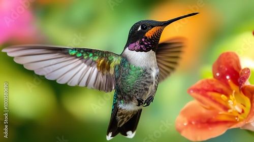 Intimate moment of a hummingbird mid-flight, vivid colors of petals surrounding, droplets of nectar glistening like jewels, showcasing natures elegance photo