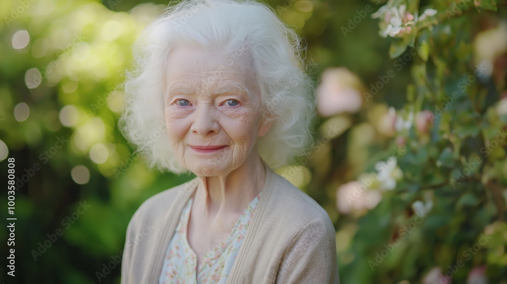 Elderly British Albino Woman in a Blooming Garden, Smiling, Representing Diversity and Aging Gracefully, Ideal for Nature and Lifestyle Print, Card, Poster Elderly British Albino Woman in a Blooming Garden, Smiling, Representing Diversity and Aging Gracefully, Ideal for Nature and Lifestyle Print, Card, Poster