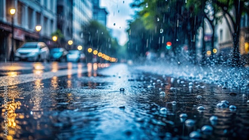 Raindrops Falling on Asphalt Street in Downtown, Captured in Slow Motion During Rainy Weather