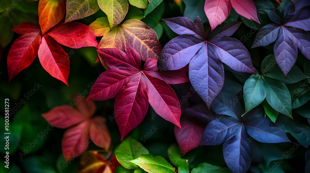 A cluster of deep burgundy and purple leaves on a bush, adding an unexpected pop of color to the surrounding green foliage. A cluster of deep burgundy and purple leaves on a bush, adding an unexpected pop of color to the surrounding green foliage.