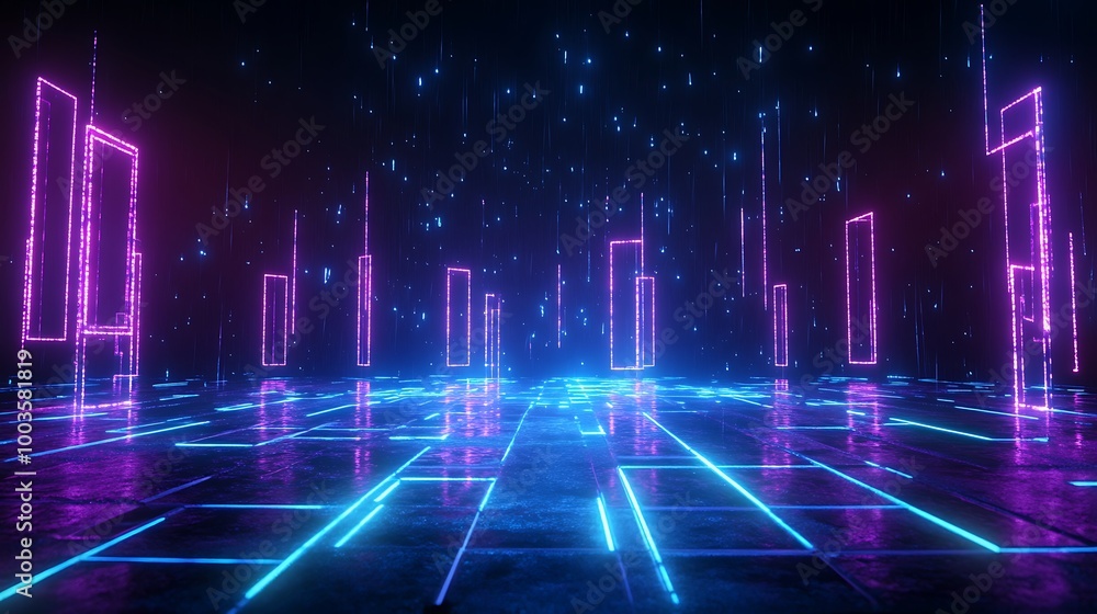 Futuristic digital landscape with glowing neon lights and a dark atmosphere, ideal for virtual environments and tech imagery. Futuristic digital landscape with glowing neon lights and a dark atmosphere, ideal for virtual environments and tech imagery.