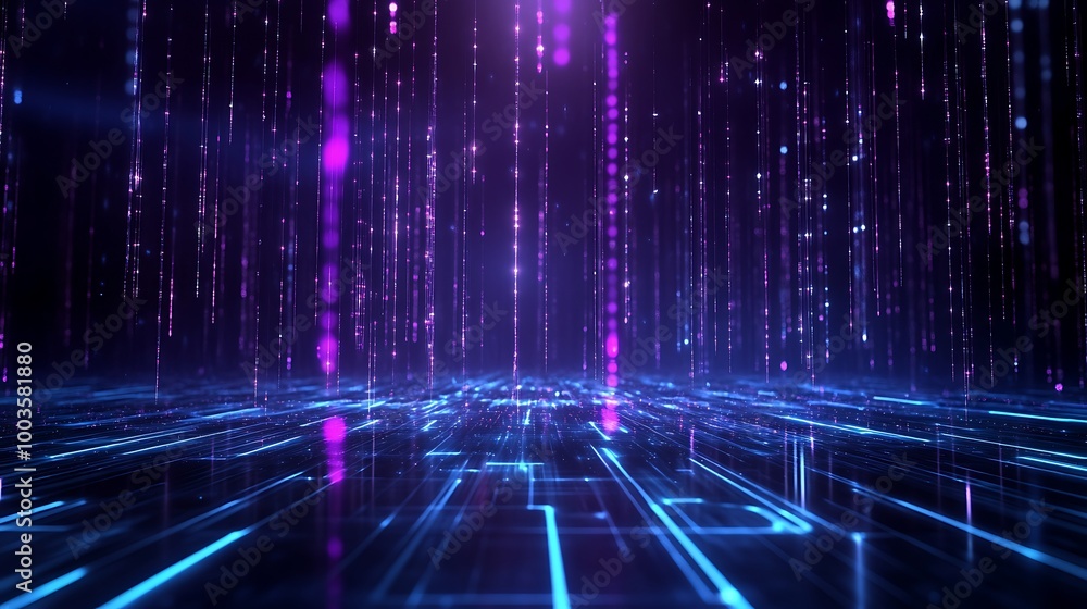 Futuristic digital landscape with glowing neon lines and cascading binary code. Futuristic digital landscape with glowing neon lines and cascading binary code.