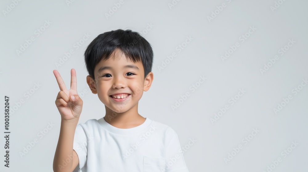 Asian boy with two fingers hand sign Asian boy with two fingers hand sign