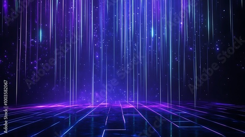 Futuristic digital landscape with vibrant purple and blue light streaks creating an ethereal atmosphere.