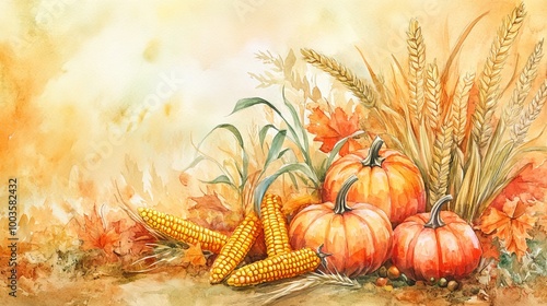 Soft watercolor of a fall harvest scene with pumpkins, corn, and wheat, symbolizing Thanksgiving.