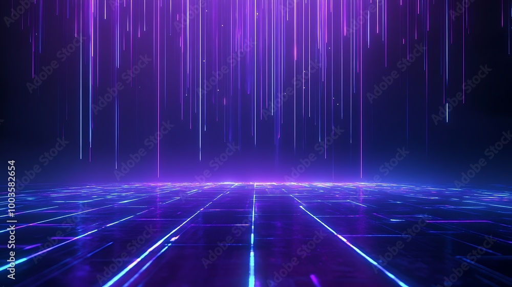 Futuristic neon landscape with purple and blue lights, creating a digital ambiance and immersive atmosphere. Futuristic neon landscape with purple and blue lights, creating a digital ambiance and immersive atmosphere.