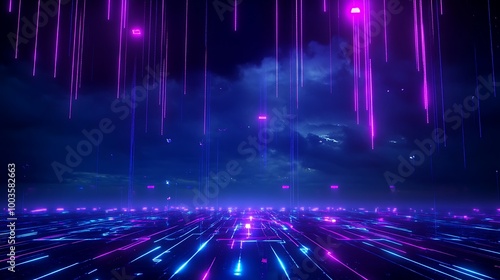 Futuristic neon landscape with vibrant colors and glowing lights against a dark sky.