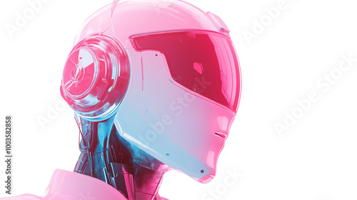 A robot with a pink helmet and blue goggles photo