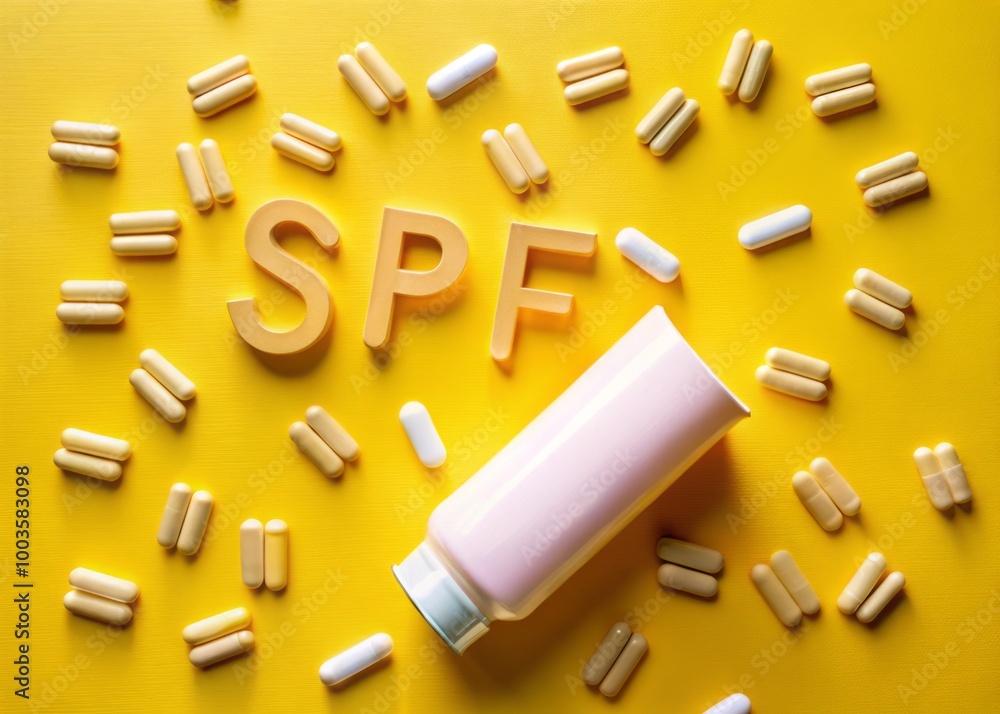 Naklejka premium Round sunscreen pills on a vibrant yellow background with wooden letters spelling SPF for skincare use