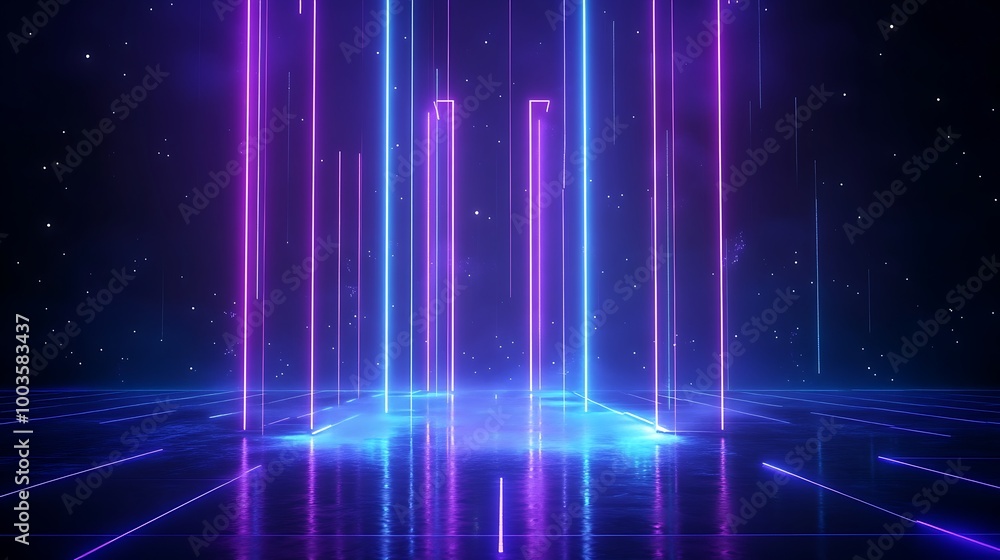 Futuristic neon lights radiating in a dark space, creating an immersive digital atmosphere. Futuristic neon lights radiating in a dark space, creating an immersive digital atmosphere.