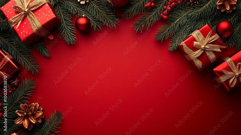 Festive red christmas background with fir tree ornaments and wrapped holiday gifts Festive red christmas background with fir tree ornaments and wrapped holiday gifts