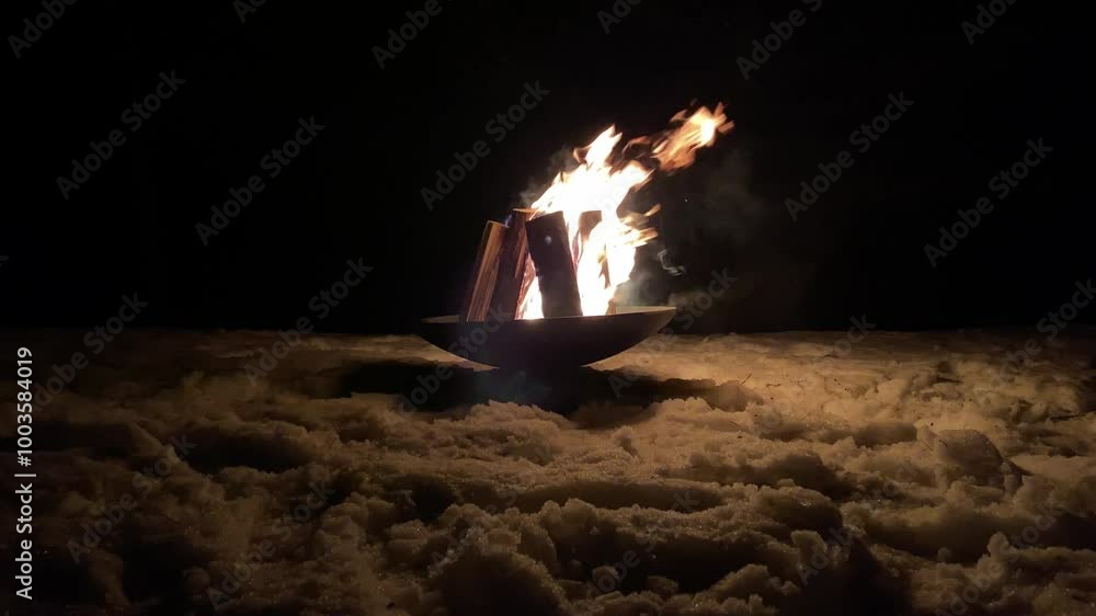 Relaxing fire in a fire bowl at night in the snow - static shot Relaxing fire in a fire bowl at night in the snow - static shot