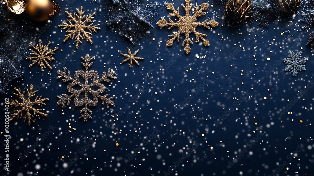 Festive christmas background with glittering snowflakes on navy blue winter backdrop Festive christmas background with glittering snowflakes on navy blue winter backdrop