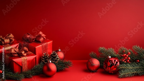 Festive red christmas background with fir tree ornaments and wrapped holiday gifts