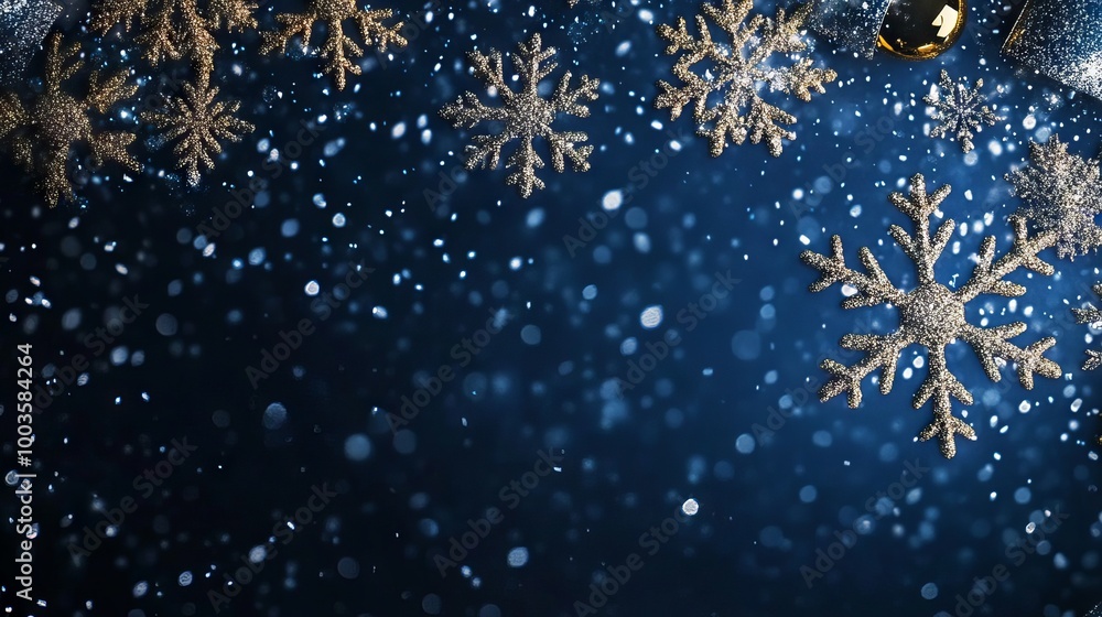 Festive christmas background with glittering snowflakes on navy blue winter backdrop Festive christmas background with glittering snowflakes on navy blue winter backdrop