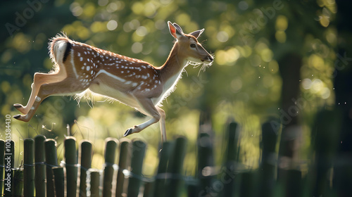 Majestic deer jumping effortlessly over wooden fence against raw natural backdrop, captured in v6 style. photo