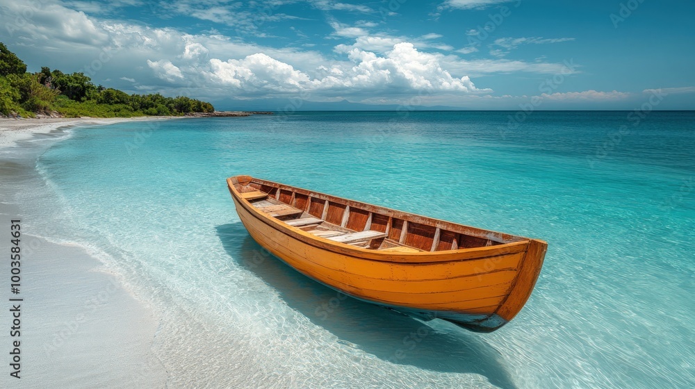 Serene Seascape with Wooden Boat Serene Seascape with Wooden Boat
