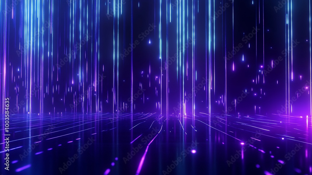 Vibrant digital background with flowing neon lines and lights in shades of blue and purple. Vibrant digital background with flowing neon lines and lights in shades of blue and purple.