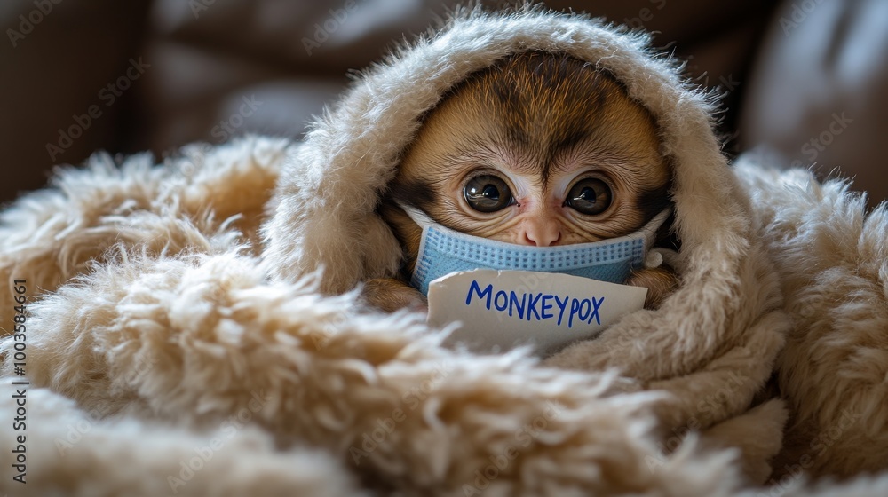 Monkey wearing a mask and holding a note reading Monkeypox snuggled in a soft blanket. Monkey wearing a mask and holding a note reading Monkeypox snuggled in a soft blanket.