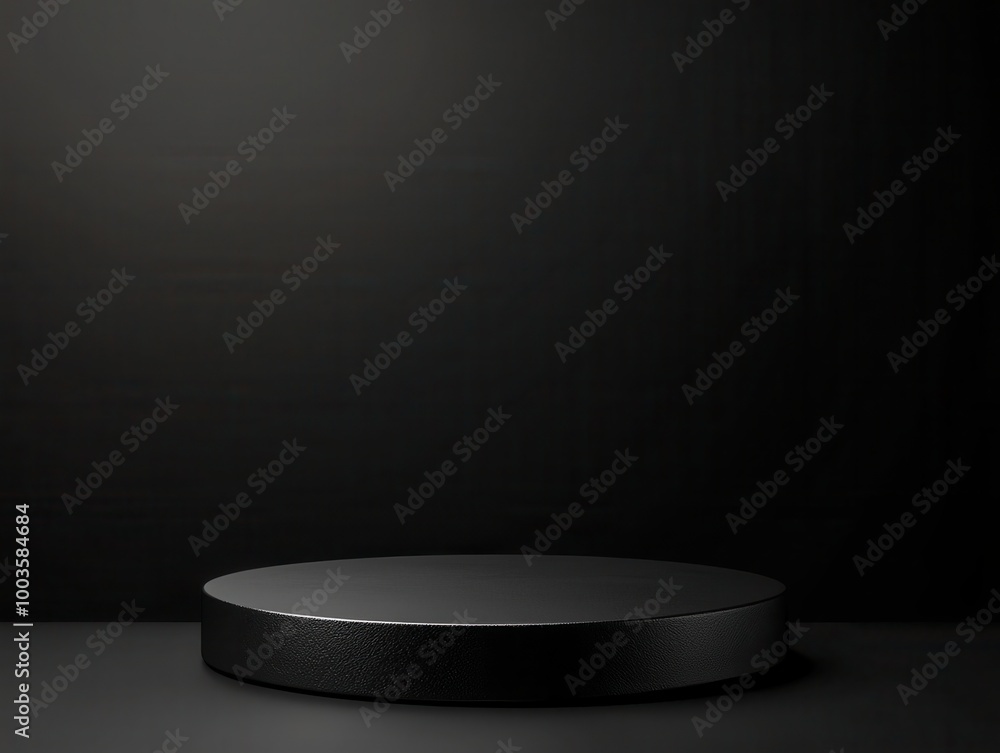 A sleek, round black pedestal against a dark backdrop, ideal for showcasing products or art in a minimalist and modern design setting. A sleek, round black pedestal against a dark backdrop, ideal for showcasing products or art in a minimalist and modern design setting.