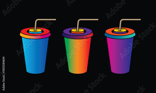 Fast food plastic cup with straw. Hot or cold drink. Original vector illustration in vintage style.