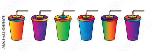 Fast food plastic cup with straw. Hot or cold drink. Original vector illustration in vintage style.